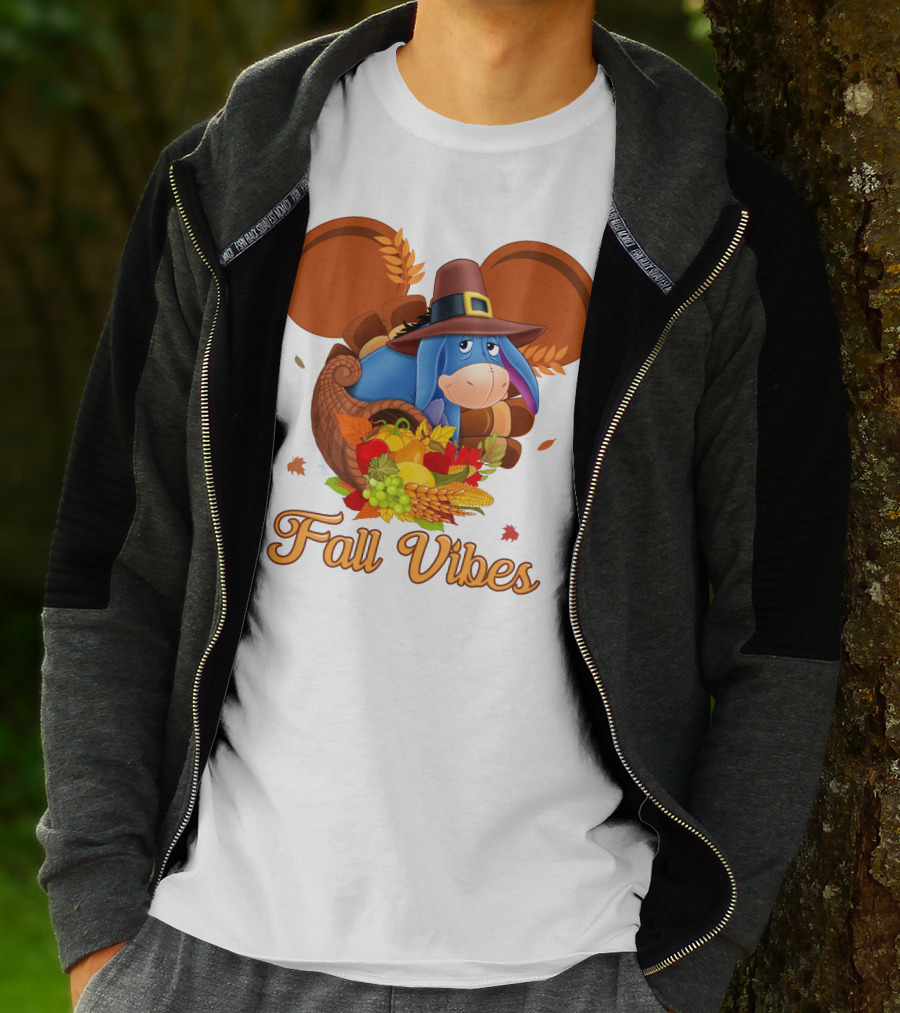 Eeyore Fall Vibes Cornucopia With Pilgrim Hat And Autumn Leaves T-Shirt