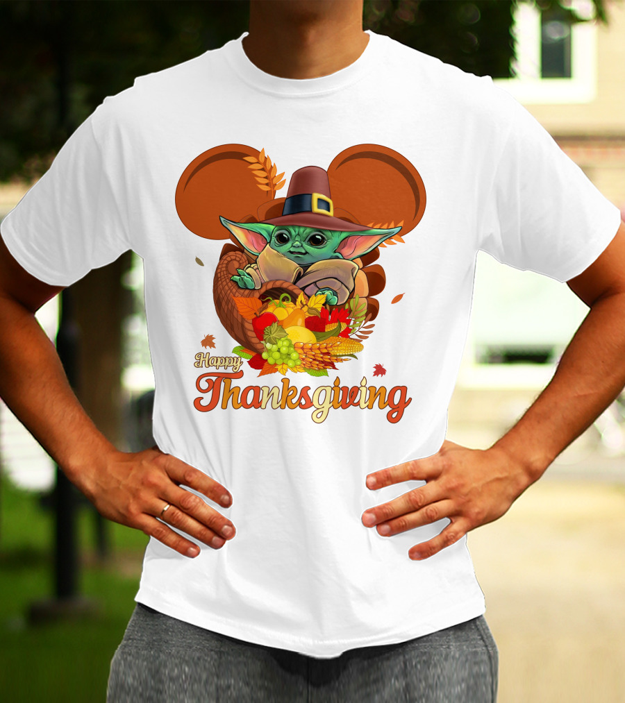 Happy Thanksgiving Baby Yoda Cornucopia With Pilgrim Hat T-Shirt
