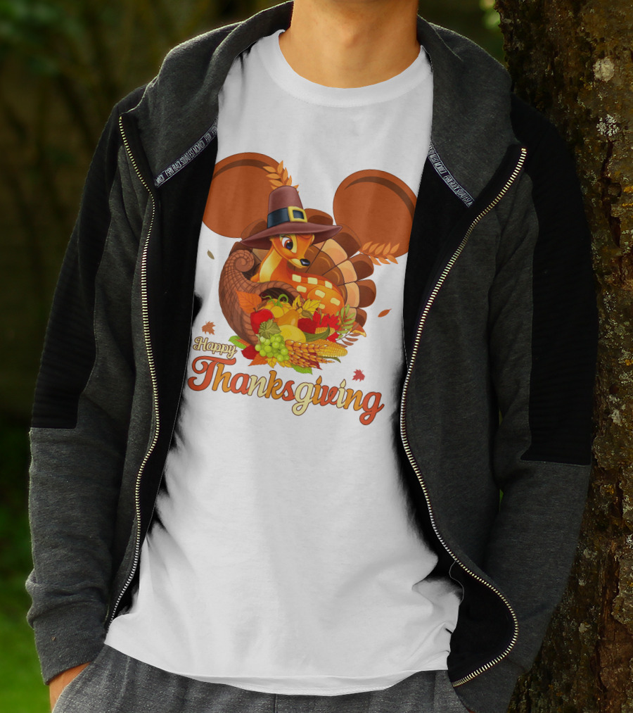 Happy Thanksgiving Bambi In Pilgrim Hat With Cornucopia And Mickey Ears T-Shirt