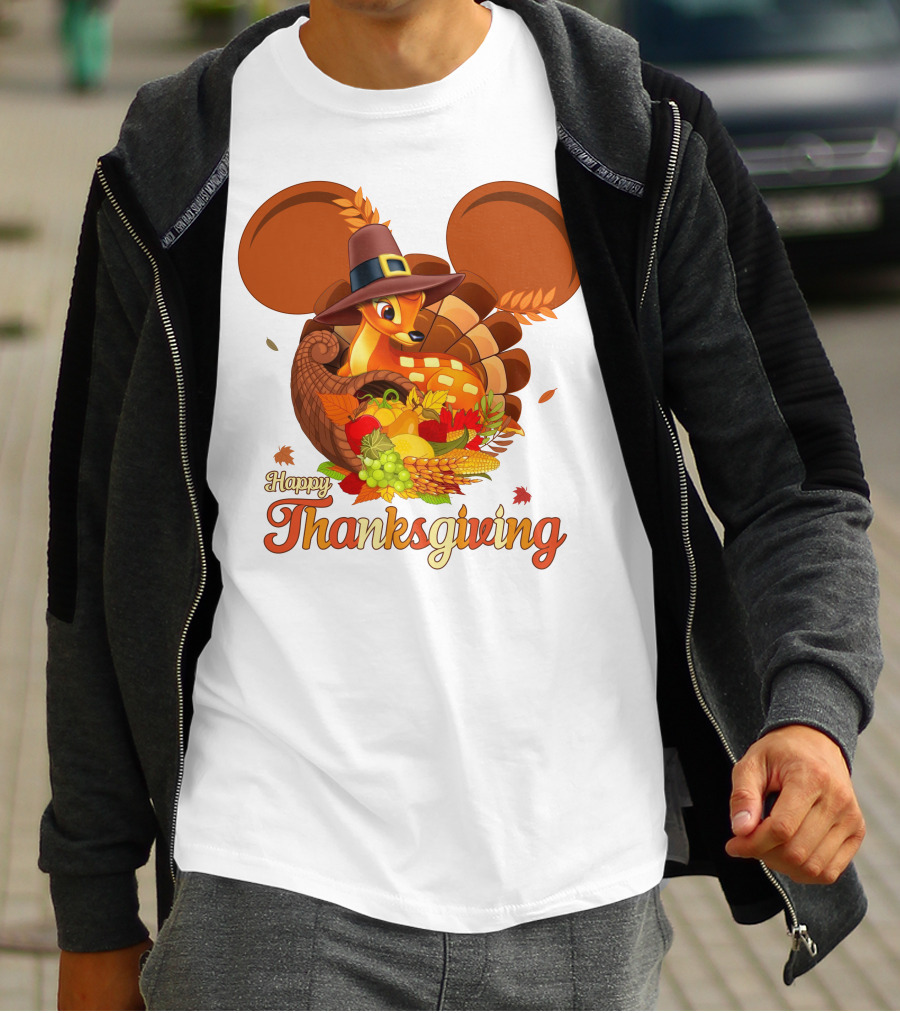 Happy Thanksgiving Bambi In Pilgrim Hat With Cornucopia And Mickey Ears T-Shirt