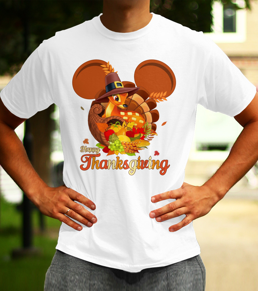 Happy Thanksgiving Bambi In Pilgrim Hat With Cornucopia And Mickey Ears T-Shirt