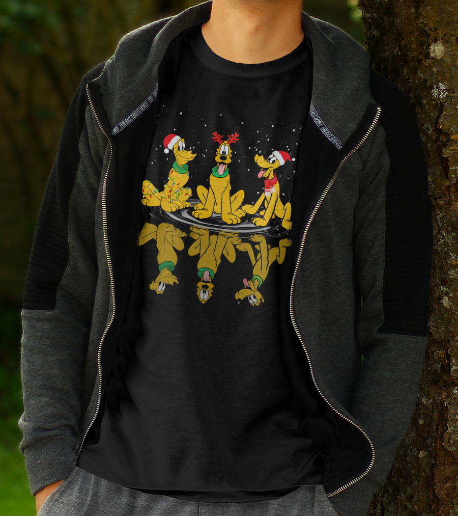 Pluto Christmas Reflections With Santa Hats And Antlers T-Shirt