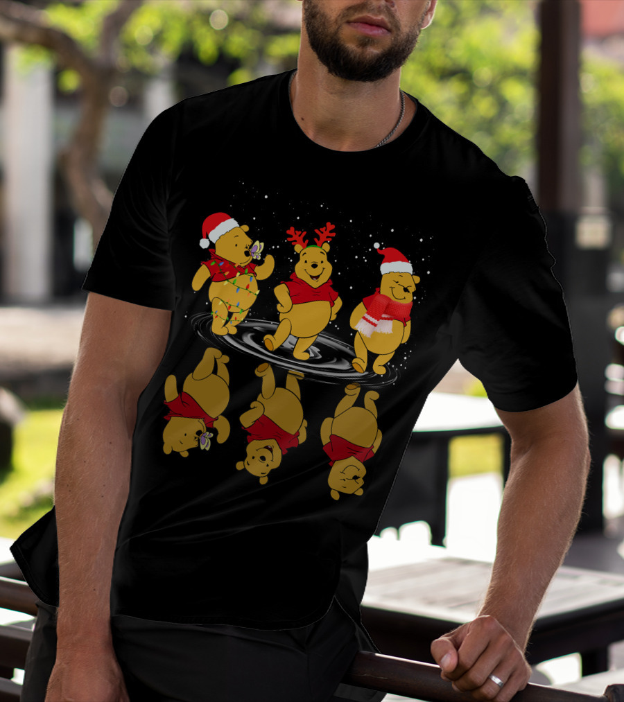 Winnie The Pooh Christmas Reflections In Holiday Hats And Scarves With Snowflakes T-Shirt
