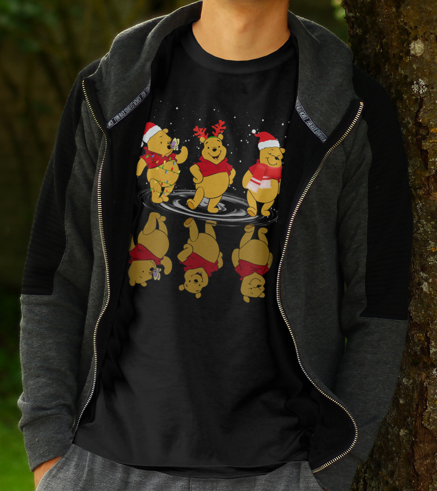 Winnie The Pooh Christmas Reflections In Holiday Hats And Scarves With Snowflakes T-Shirt