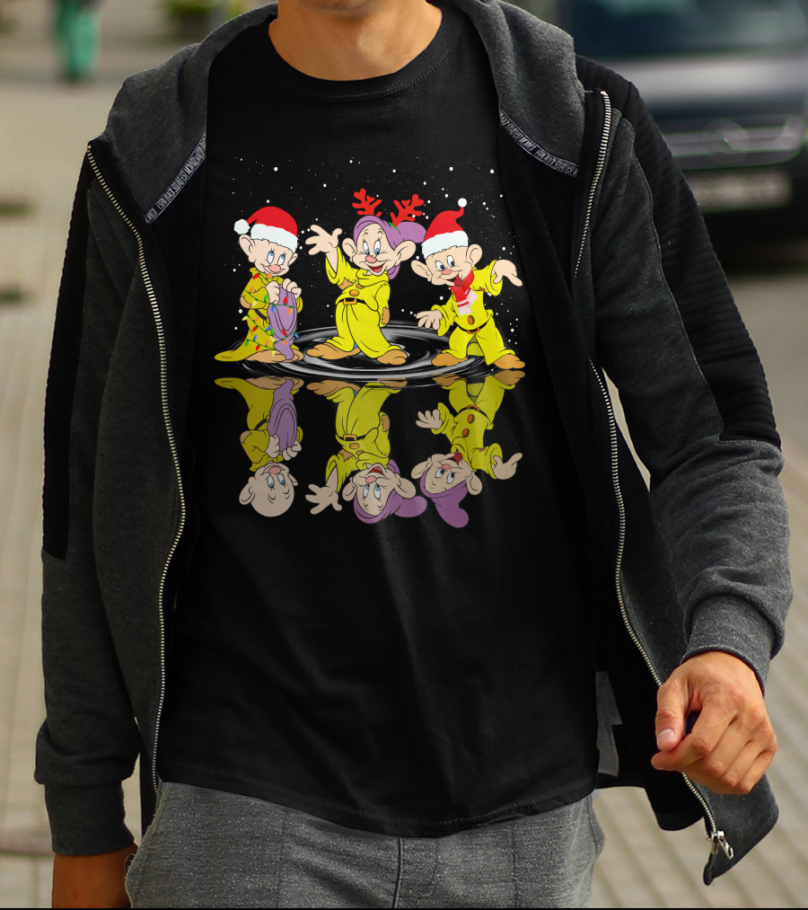 Dopey Christmas Reflections With Santa Hats And Reindeer Antlers T-Shirt