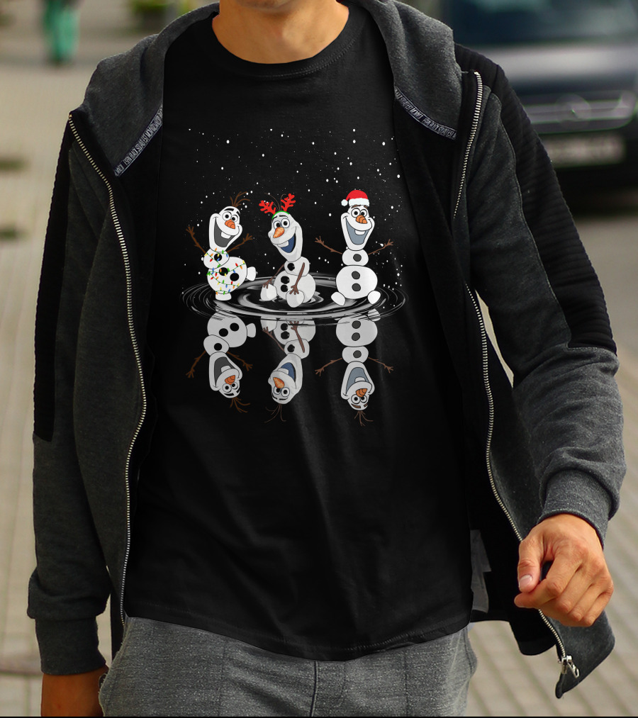 Olaf Christmas Reflections With Holiday Lights And Santa Hat T-Shirt