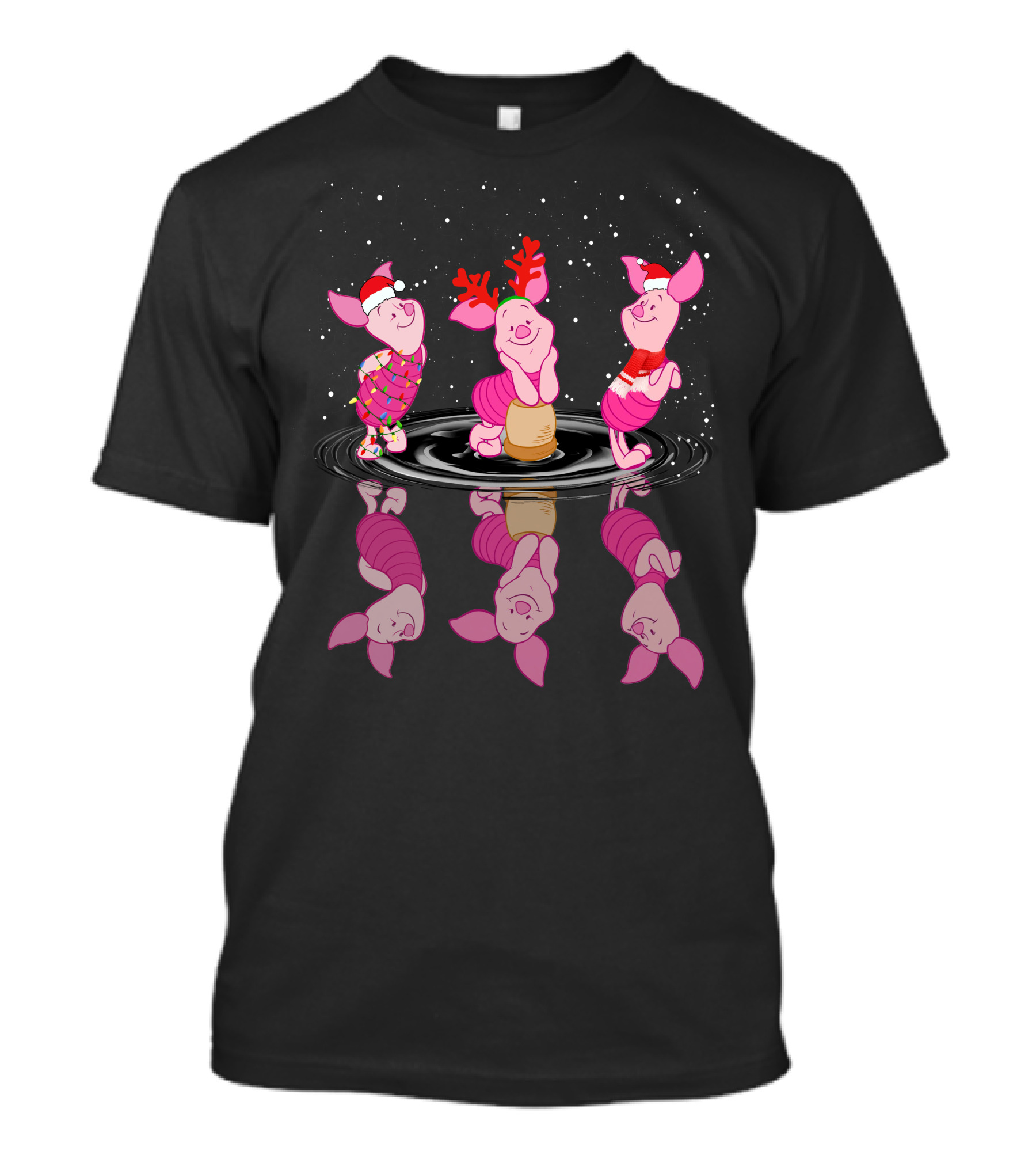 Piglet Christmas Festive Reflections With Santa Hats And Reindeer Antlers T-Shirt