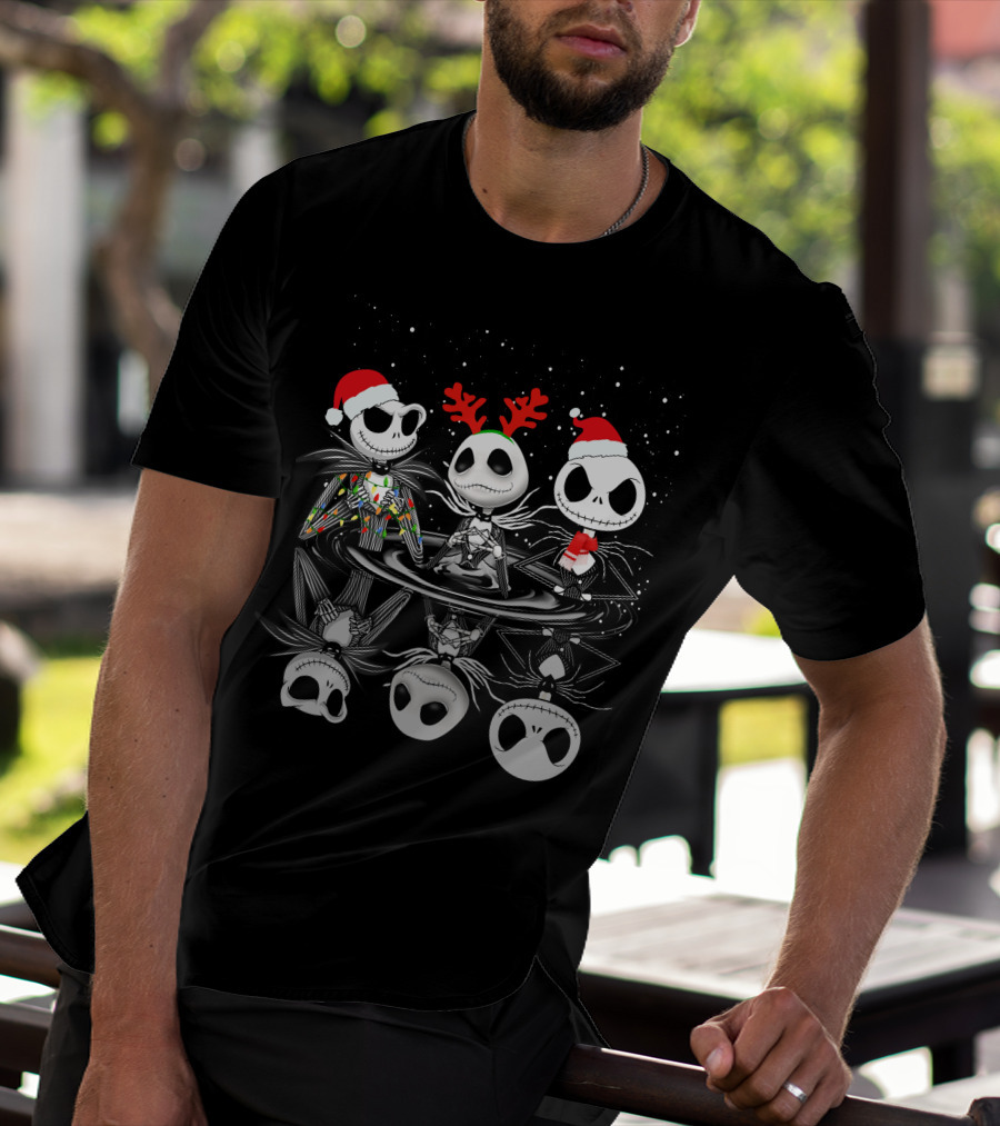Jack Skellington Christmas Trio Santa Hats And Antlers Snow Scene T-Shirt