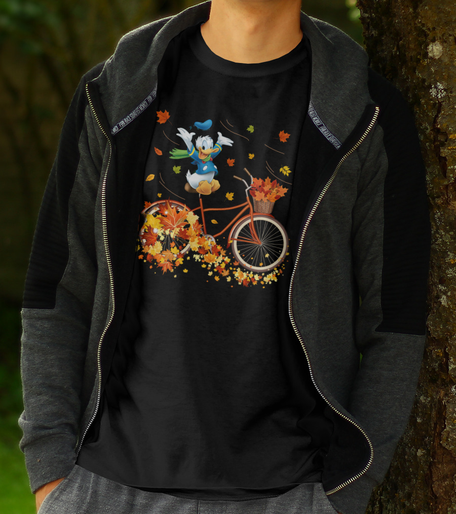 Donald Duck Autumn Bicycle Adventure With Falling Leaves T-Shirt