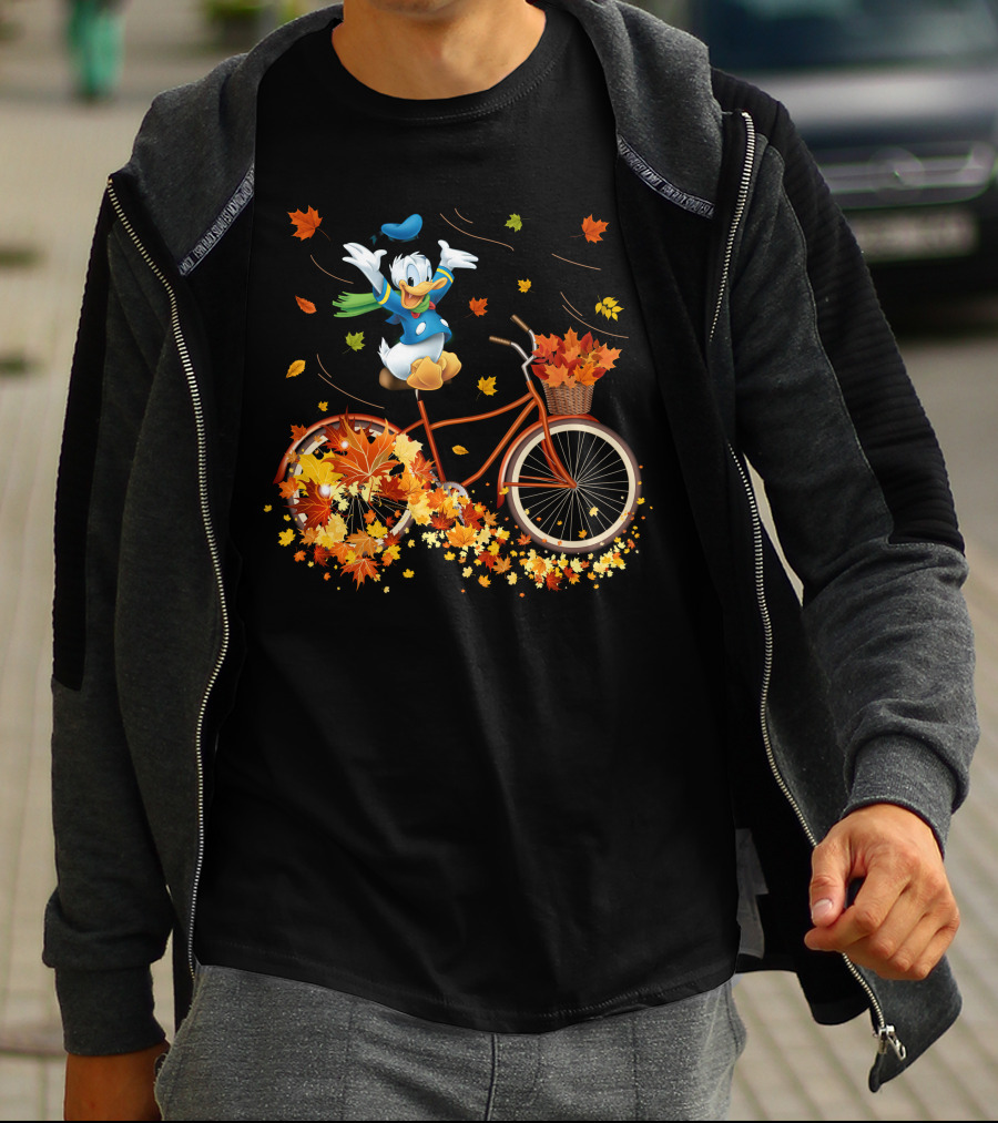 Donald Duck Autumn Bicycle Adventure With Falling Leaves T-Shirt