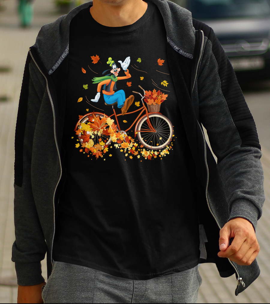 Goofy Autumn Bicycle Ride With Falling Leaves T-Shirt