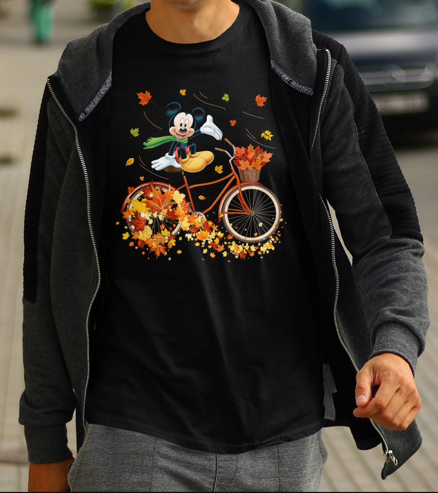 Mickey Mouse Autumn Leaves Bicycle Ride With Basket T-Shirt