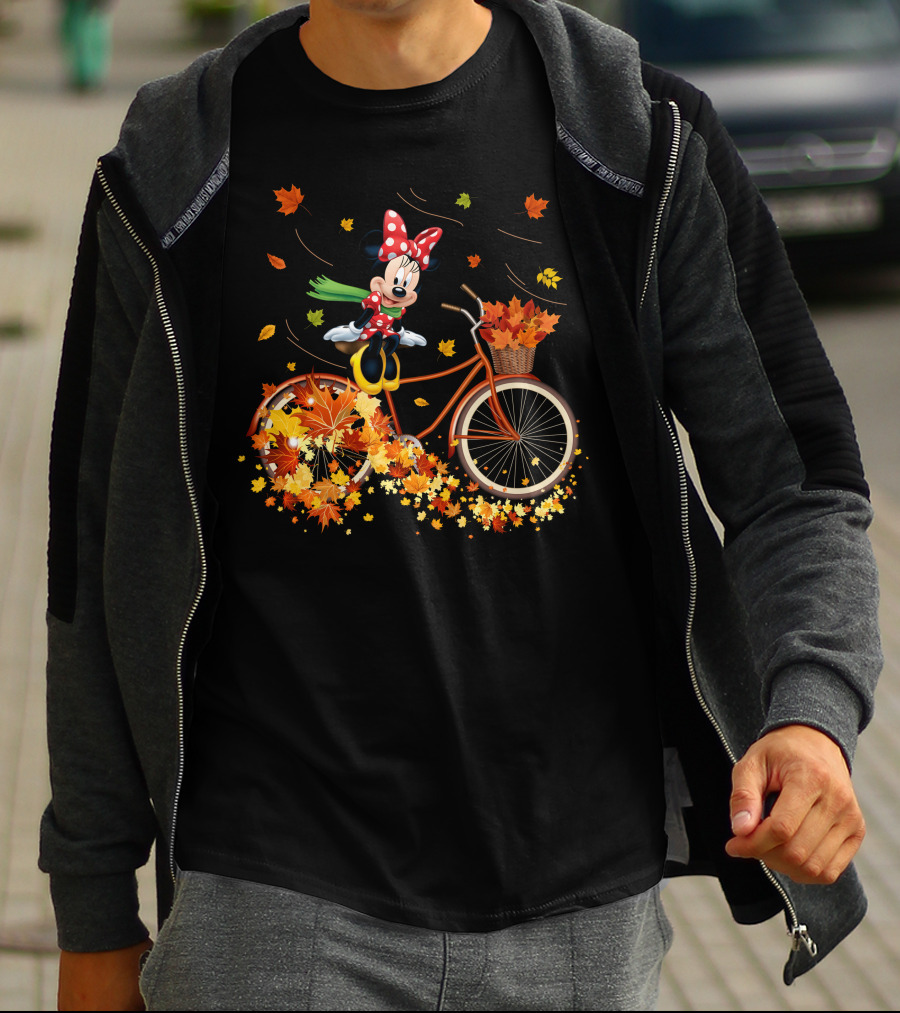 Minnie Mouse Autumn Bicycle Ride With Falling Leaves T-Shirt