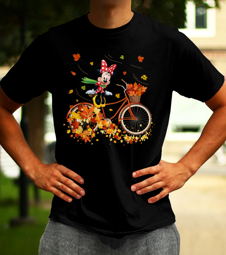 Minnie Mouse Autumn Bicycle Ride With Falling Leaves T-Shirt