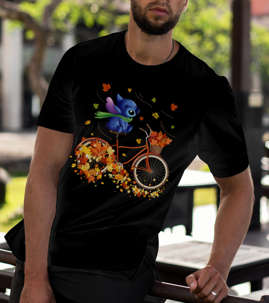 Stitch Autumn Bicycle Ride With Falling Leaves T-Shirt
