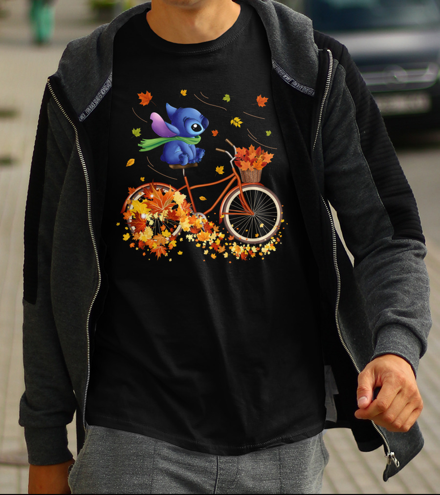 Stitch Autumn Bicycle Ride With Falling Leaves T-Shirt