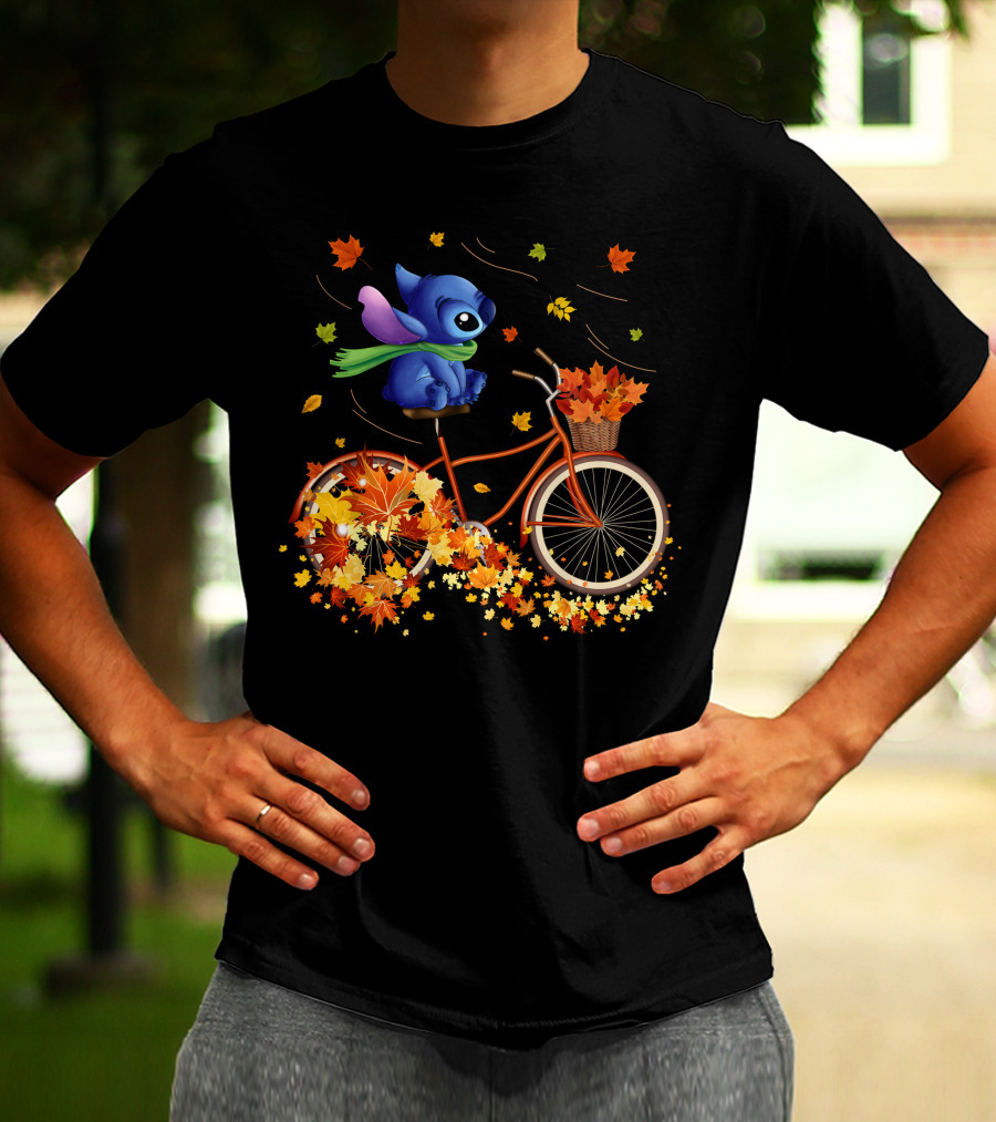 Stitch Autumn Bicycle Ride With Falling Leaves T-Shirt