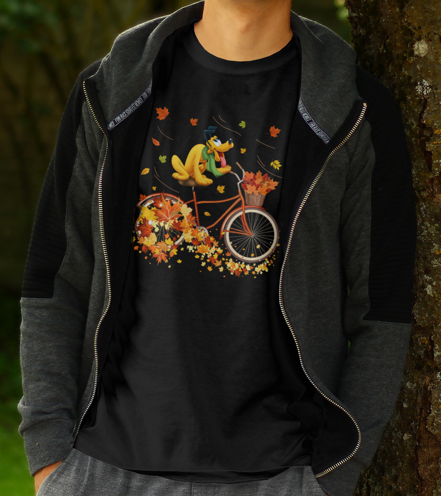 Pluto Autumn Bicycle Adventure With Falling Leaves T-Shirt