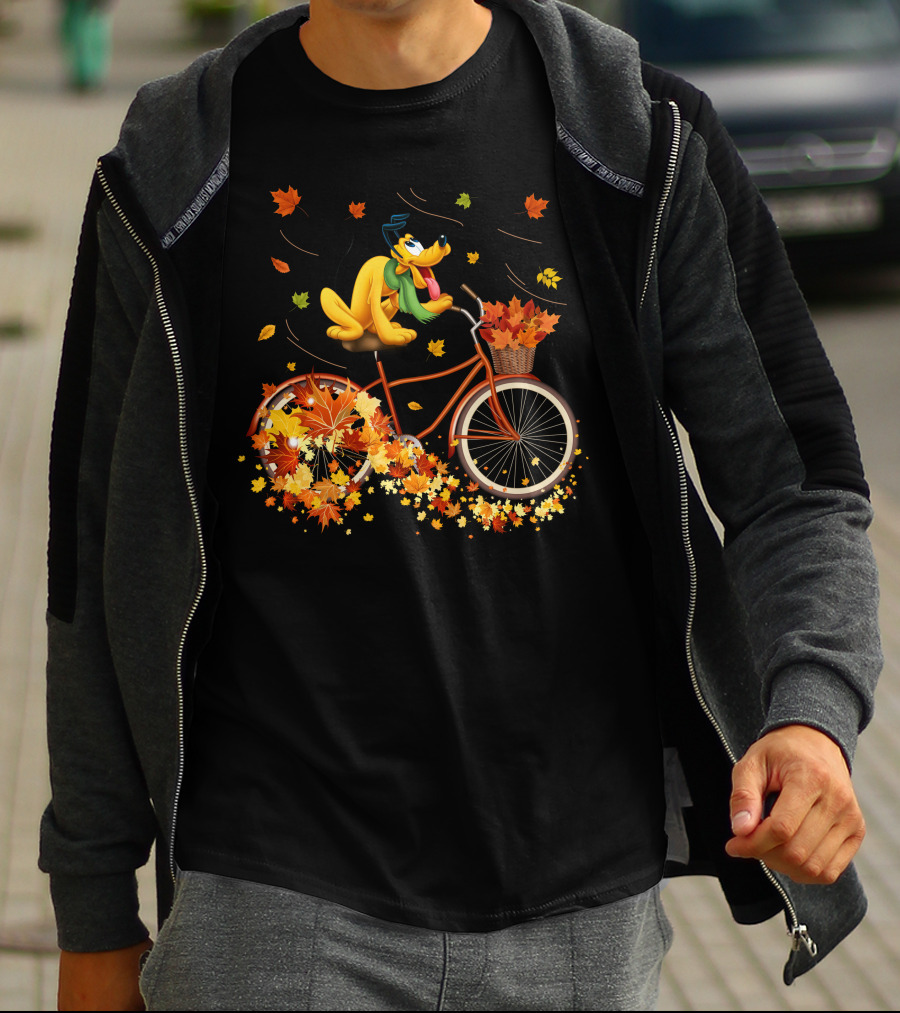 Pluto Autumn Bicycle Adventure With Falling Leaves T-Shirt