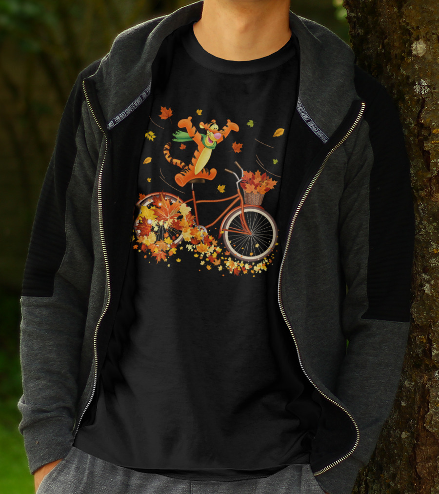 Tigger Autumn Bicycle Adventure With Falling Leaves T-Shirt