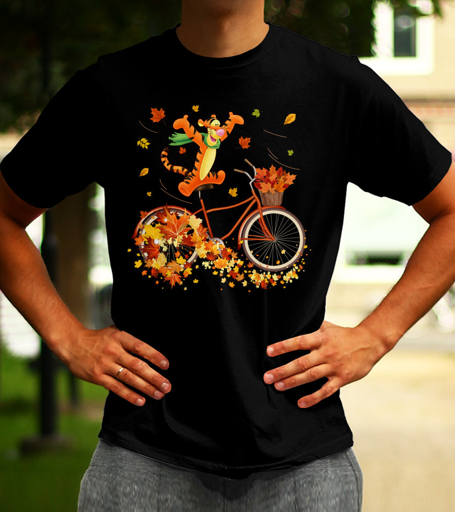 Tigger Autumn Bicycle Adventure With Falling Leaves T-Shirt