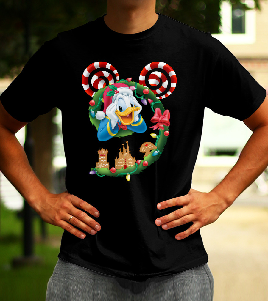 Donald Duck Christmas Wreath With Candy Cane Mickey Ears And Gingerbread Castle T-Shirt
