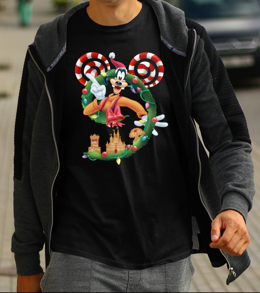 Goofy Christmas Wreath With Candy Canes And Gingerbread Castles T-Shirt