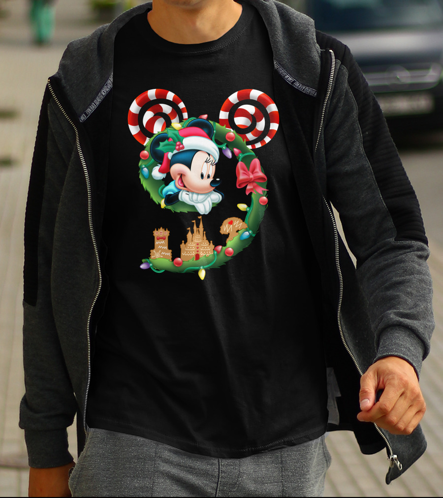 Minnie Mouse Christmas Wreath Candy Cane Ears Holiday Castle Lights T-Shirt