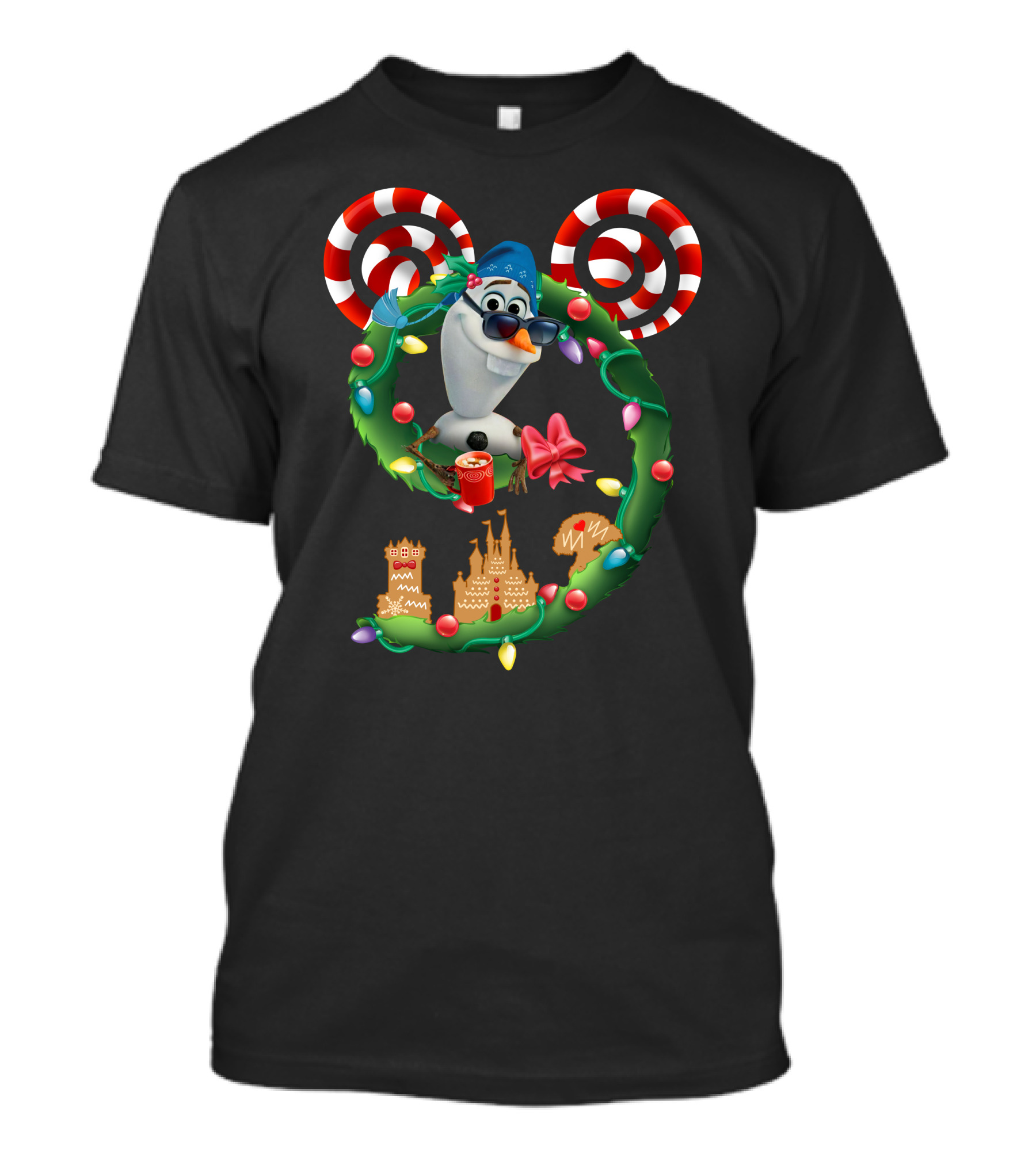 Olaf Holiday Wreath With Candy Cane Ears And Gingerbread Castles T-Shirt