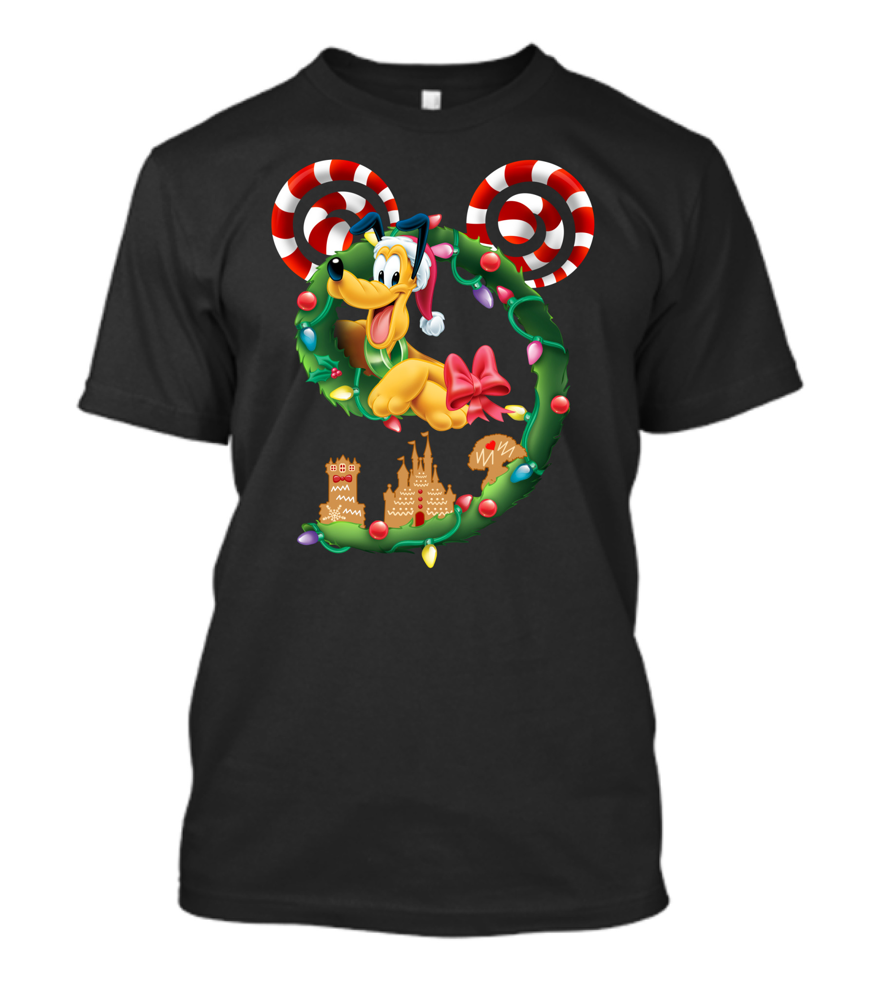 Pluto Holiday Wreath With Candy Canes And Gingerbread Castle T-Shirt