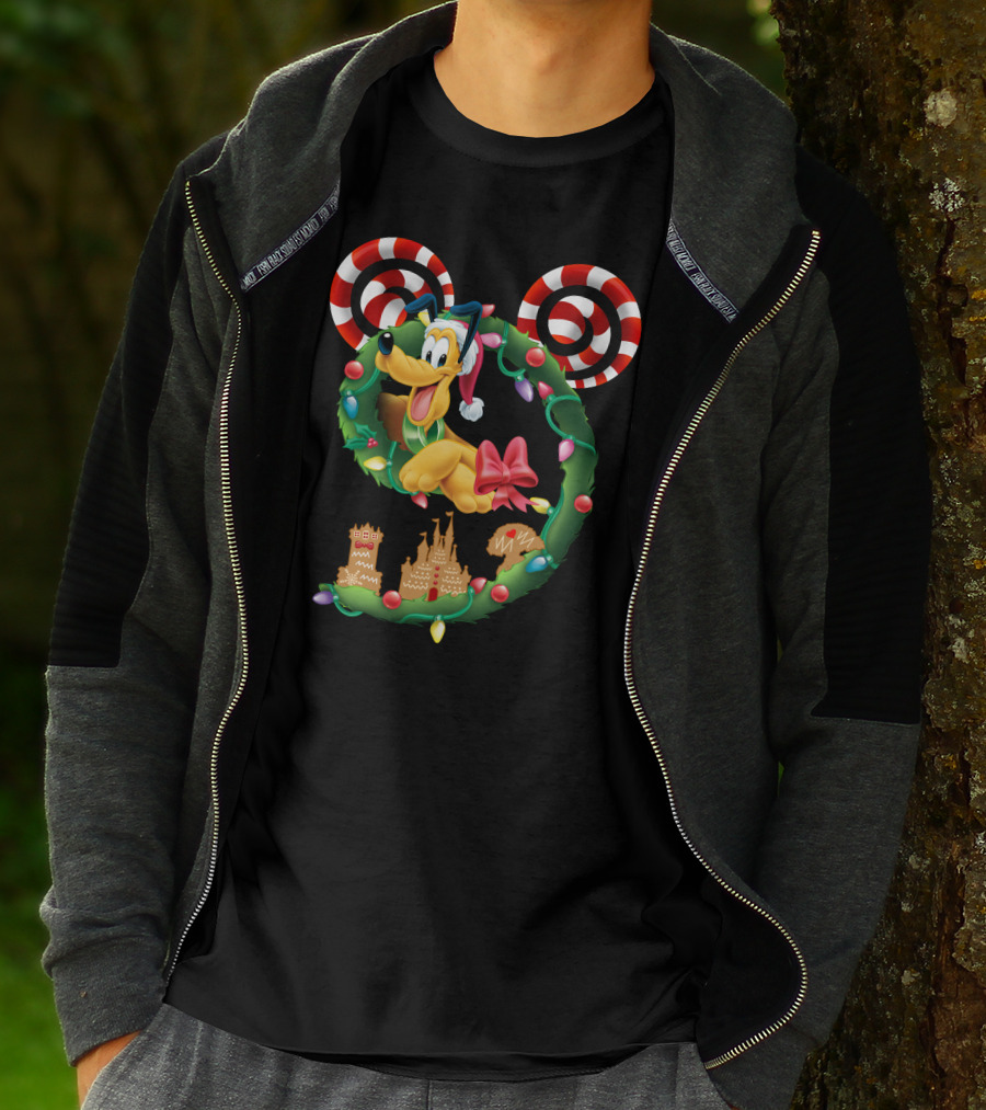 Pluto Holiday Wreath With Candy Canes And Gingerbread Castle T-Shirt