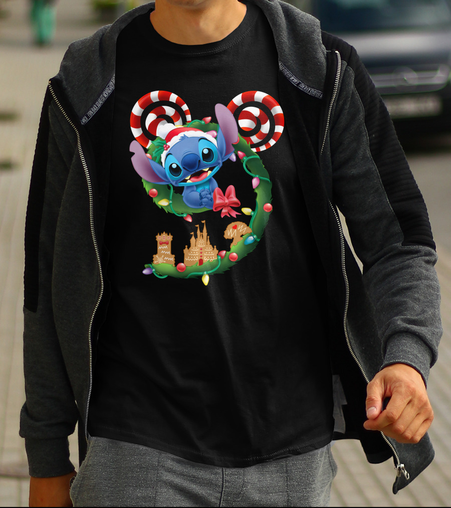 Stitch Christmas Wreath With Candy Canes And Gingerbread Castle T-Shirt