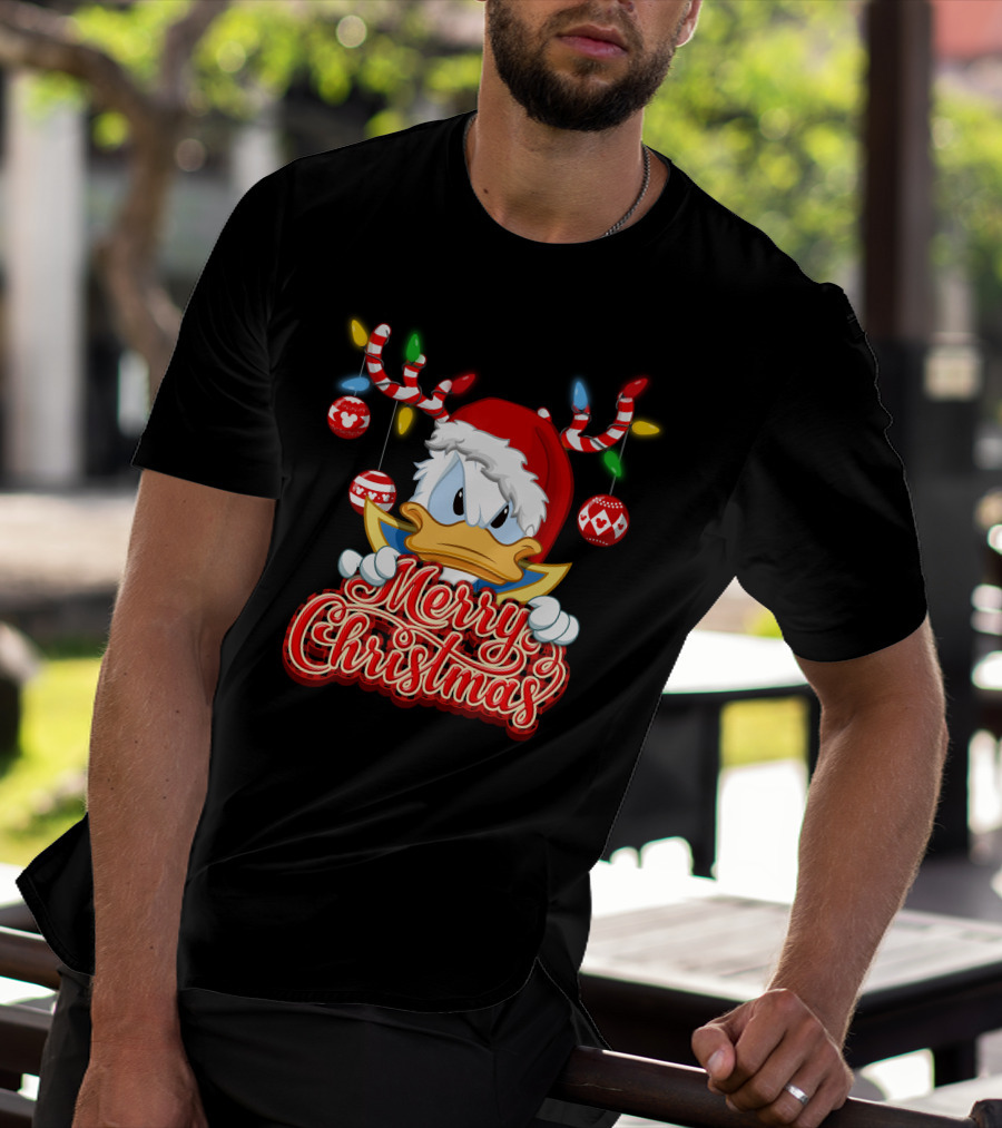 Merry Christmas Donald Wearing Santa Hat And Reindeer Antlers T-Shirt