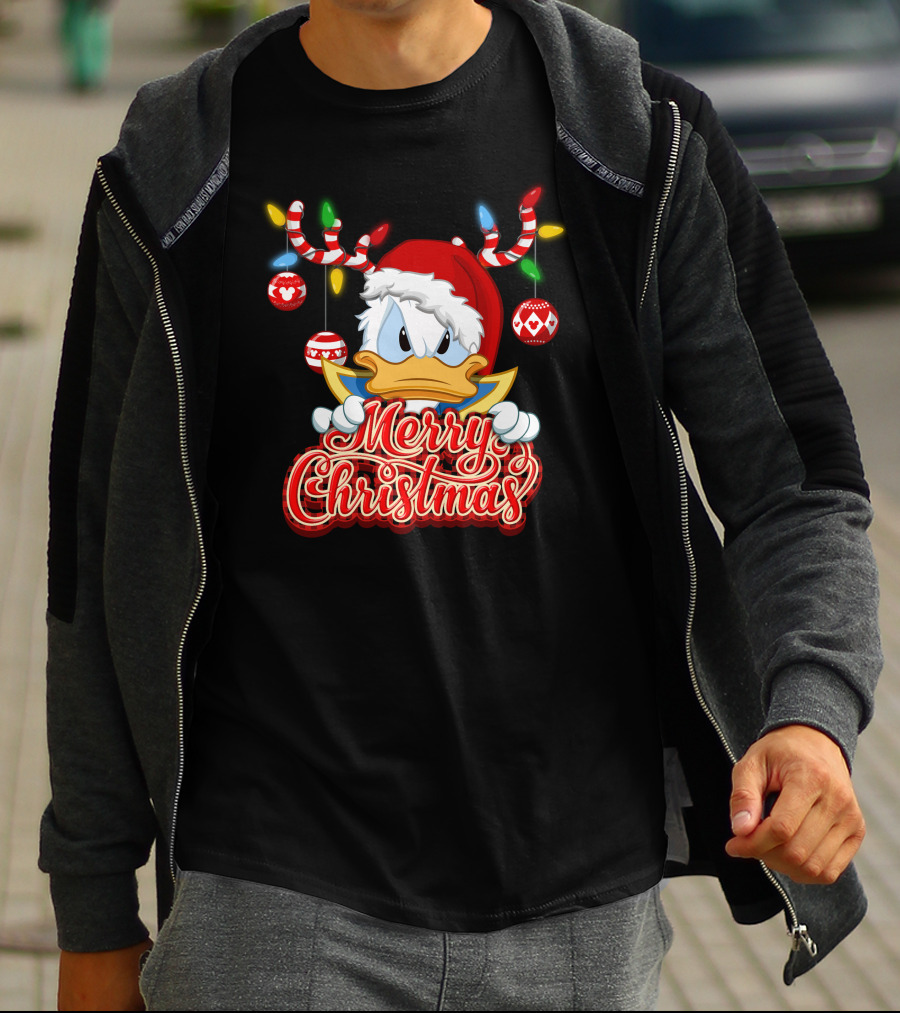 Merry Christmas Donald Wearing Santa Hat And Reindeer Antlers T-Shirt