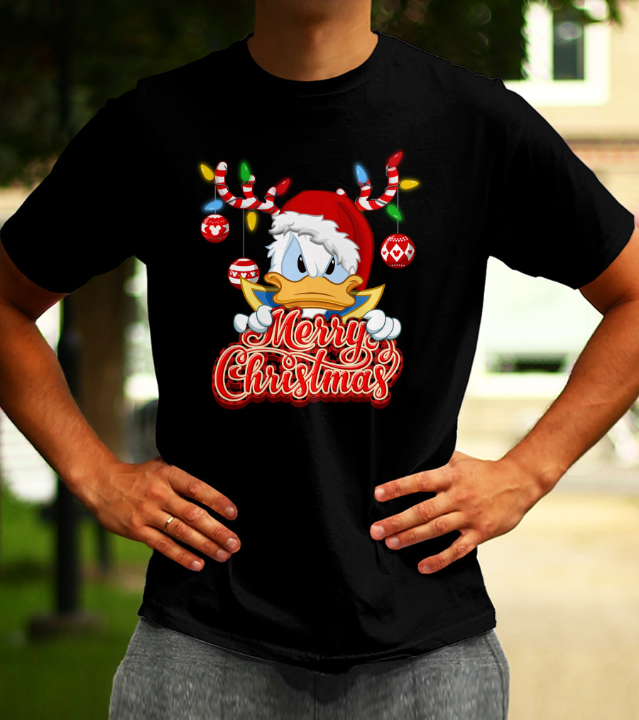Merry Christmas Donald Wearing Santa Hat And Reindeer Antlers T-Shirt