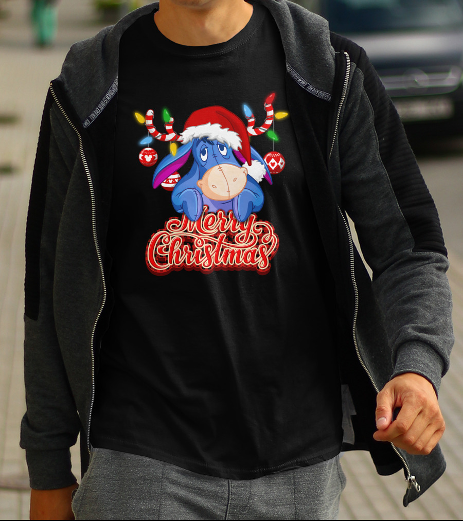 Eeyore Merry Christmas Santa Hat Reindeer Lights T-Shirt
