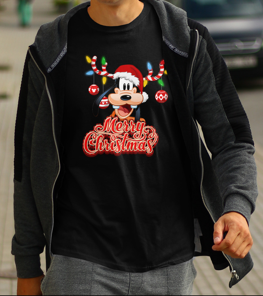 Merry Christmas Goofy Santa Hat Lights Antlers T-Shirt