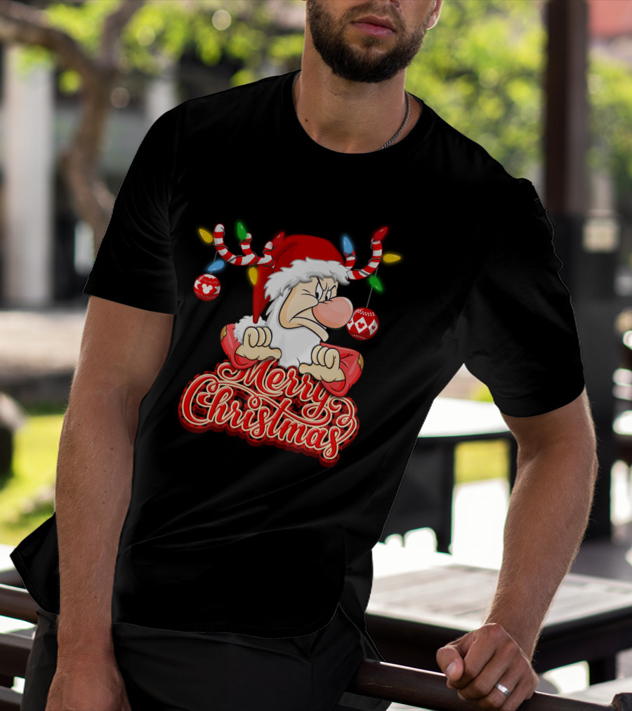 Grumpy Merry Christmas Santa With Reindeer Antlers And Festive Ornaments T-Shirt