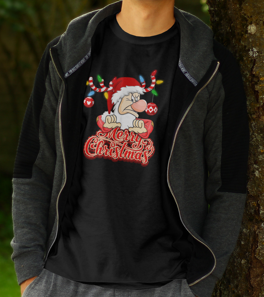 Grumpy Merry Christmas Santa With Reindeer Antlers And Festive Ornaments T-Shirt