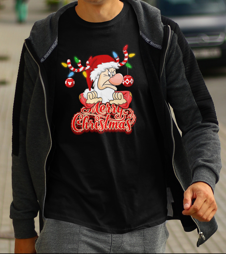 Grumpy Merry Christmas Santa With Reindeer Antlers And Festive Ornaments T-Shirt