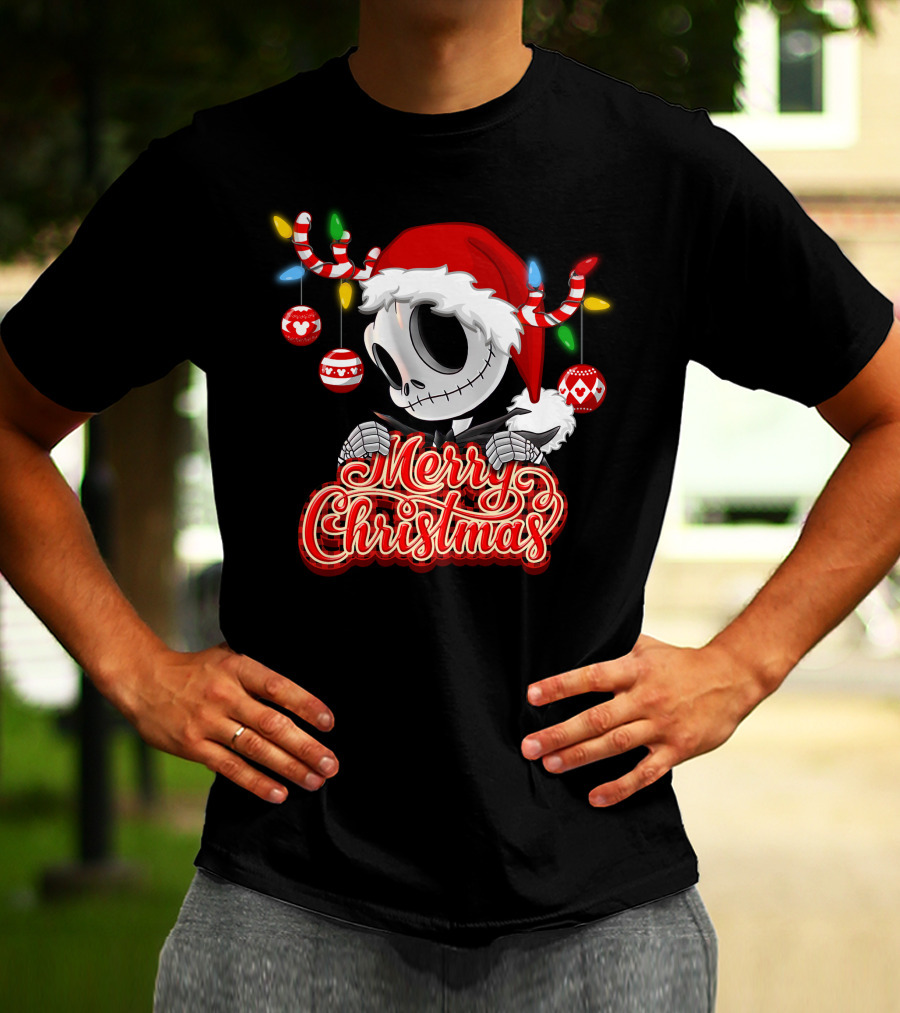 Merry Christmas Santa Jack Skellington With Candy Cane Lights And Ornaments T-Shirt