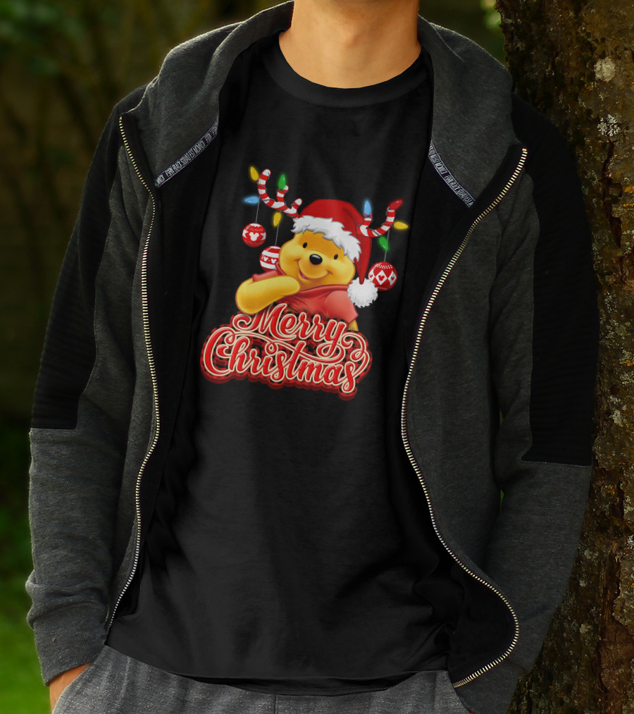 Merry Christmas Pooh Santa Hat Festive Lights Antlers T-Shirt