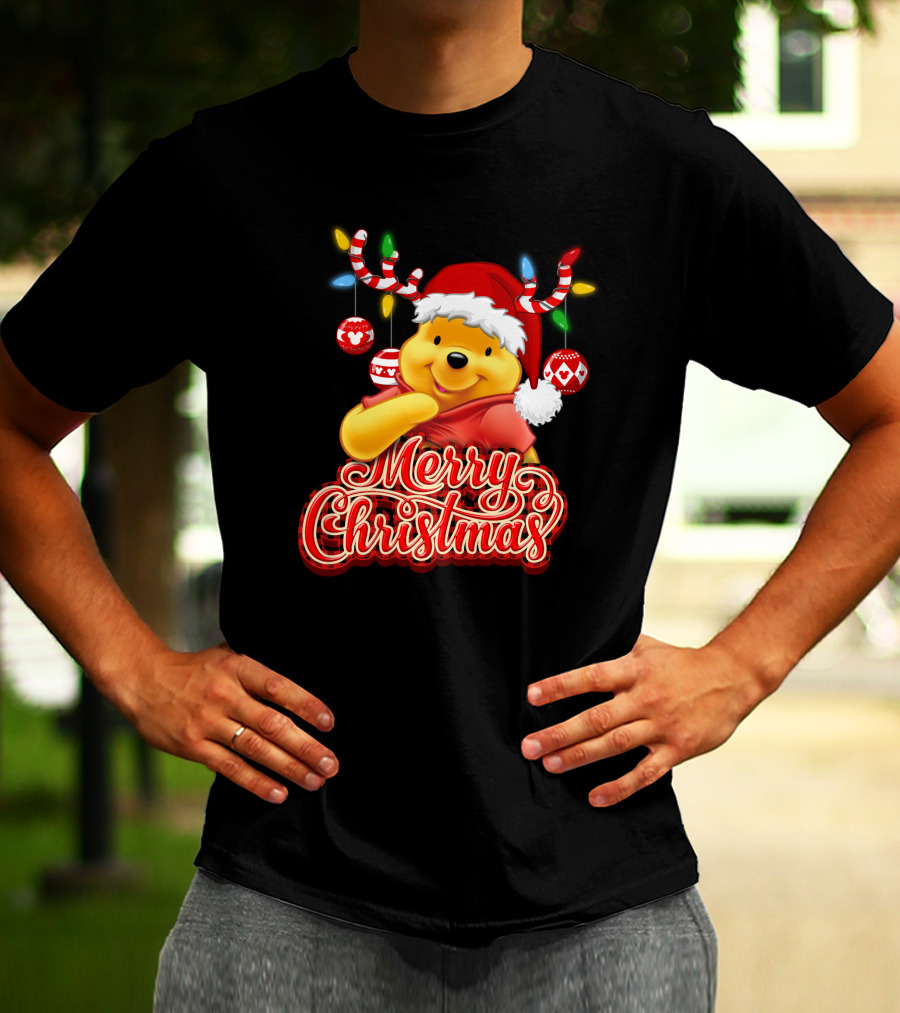 Merry Christmas Pooh Santa Hat Festive Lights Antlers T-Shirt