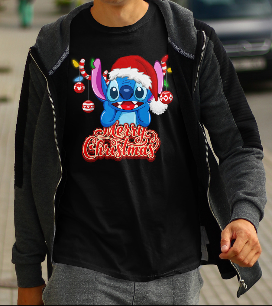 Merry Christmas Stitch Santa Hat Ornaments T-Shirt