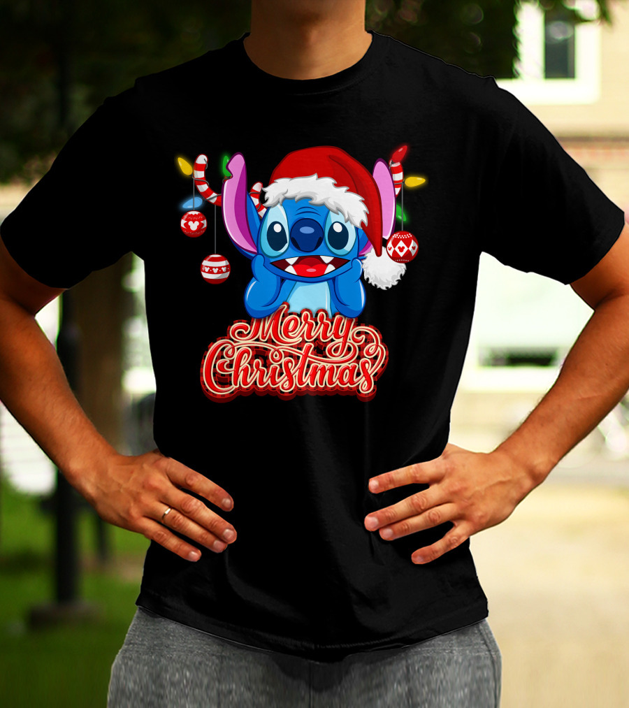 Merry Christmas Stitch Santa Hat Ornaments T-Shirt