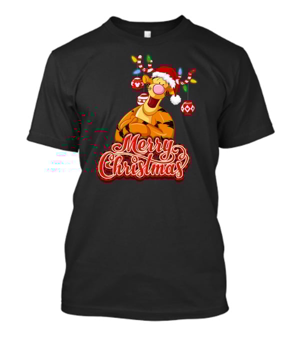 Merry Christmas Tigger Santa Hat Festive Lights And Ornaments T-Shirt