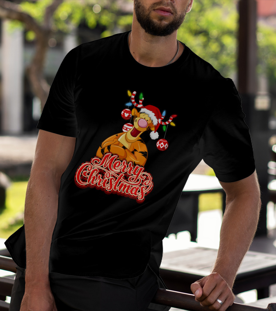 Merry Christmas Tigger Santa Hat Festive Lights And Ornaments T-Shirt