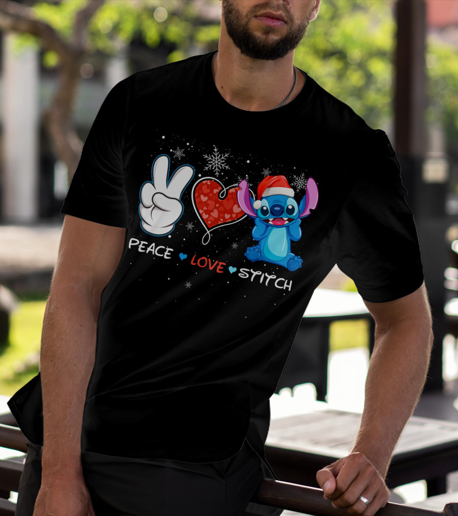 Peace Love Stitch Christmas Santa Hat T-Shirt