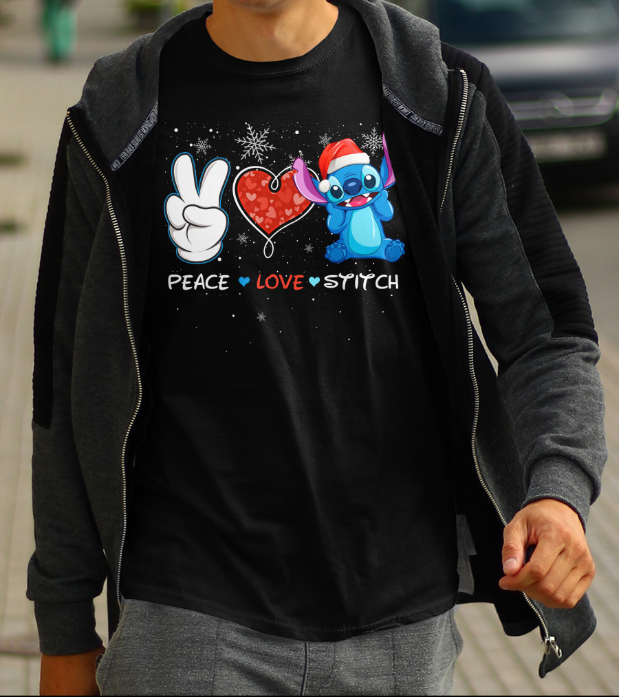 Peace Love Stitch Christmas Santa Hat T-Shirt