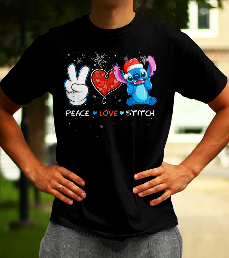 Peace Love Stitch Christmas Santa Hat T-Shirt